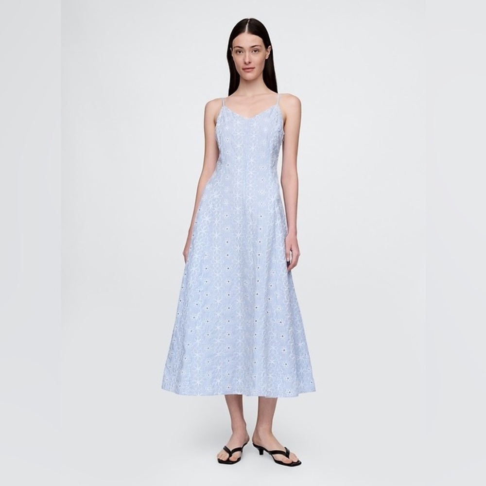 NEW! GAP Blue Stripe Eyelet V-Neck Midi Dress - Size Small #741483 🗼